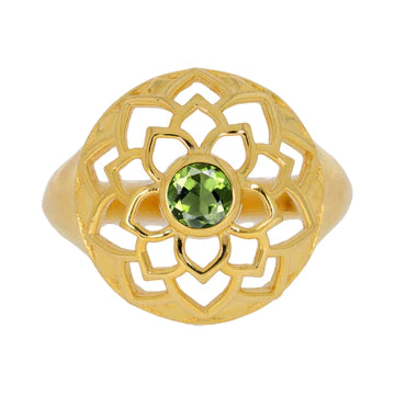 Gold Ring in Lotus Pattern with Green Moldavite Stone